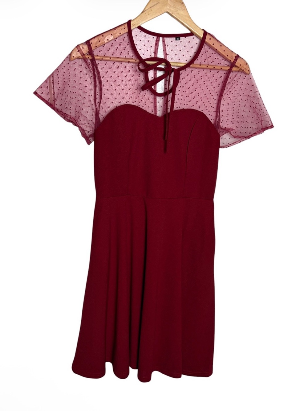 Red sweetheart neckline mesh Swiss dot mini swing retro dress with pockets M
